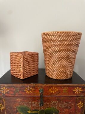 Handwoven Brown Rattan Wastebasket and Tissue Box Cover Set